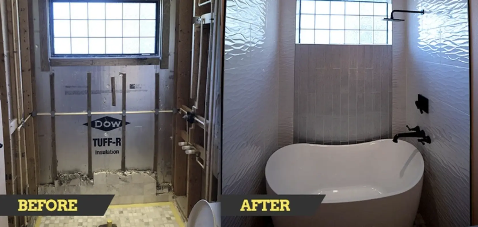 Before & after of bathroom remodel by True Builders.