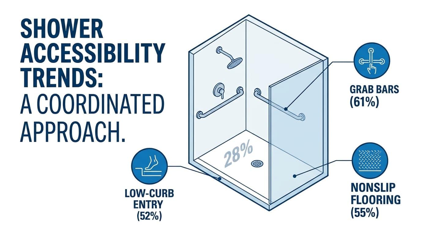 Diagram of a shower marked 28 percent, with callouts for low-curb entry at 52 percent, grab bars at 61 percent, and nonslip flooring at 55 percent