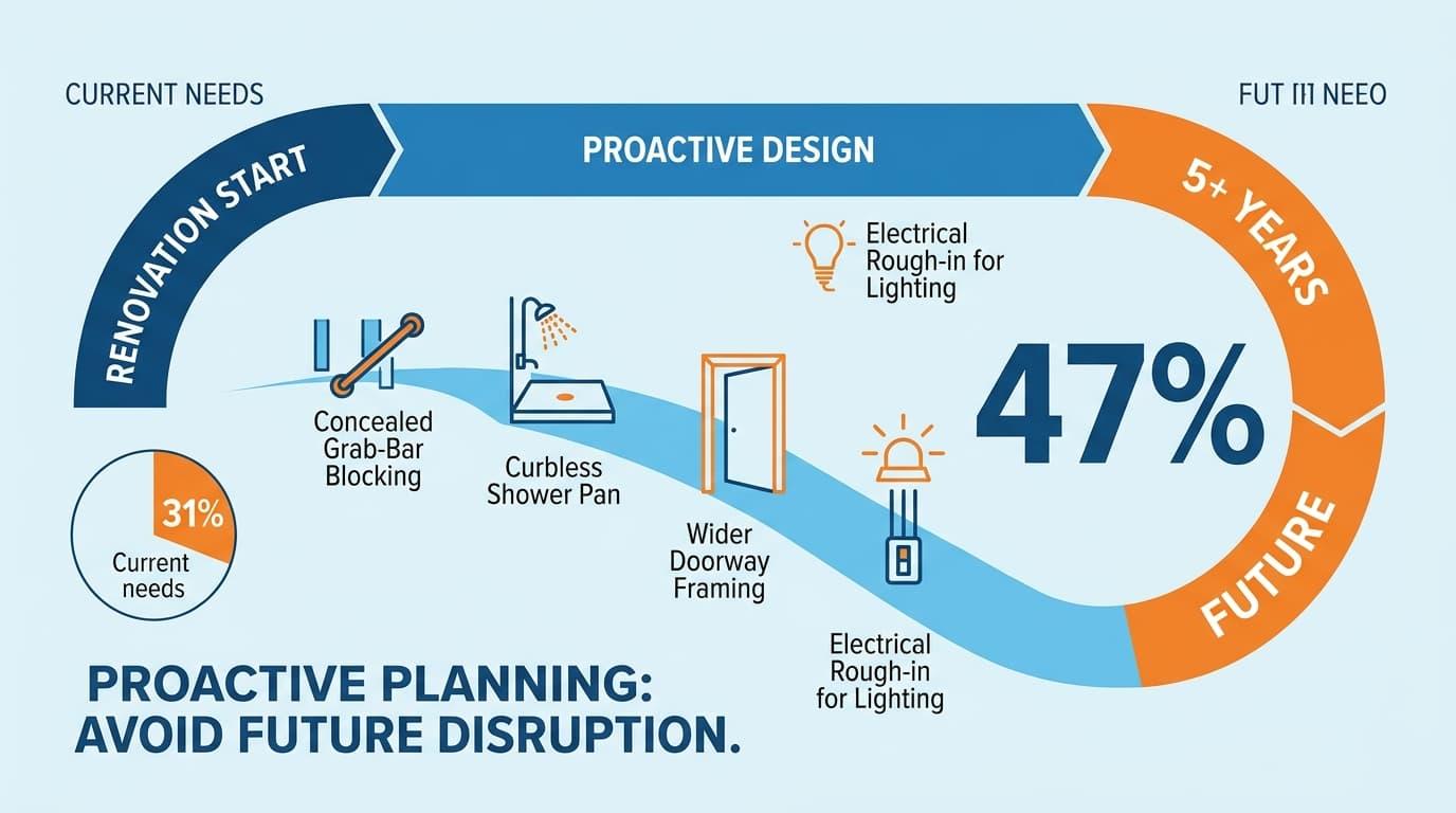Infographic of proactive bathroom design from current needs to needs five or more years ahead, marked 47 percent, with a 31 percent current-needs chart