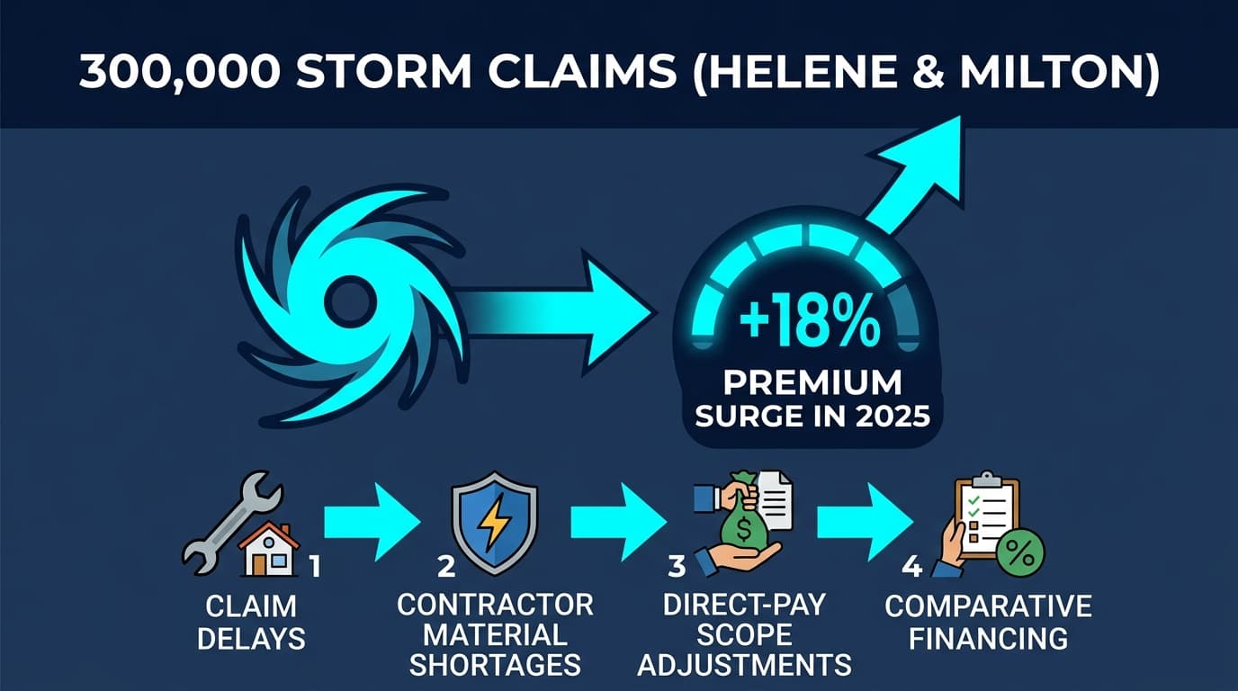 Storm repair materials staged at a house, shown with the Helene and Milton claim volume and the 2025 premium increase