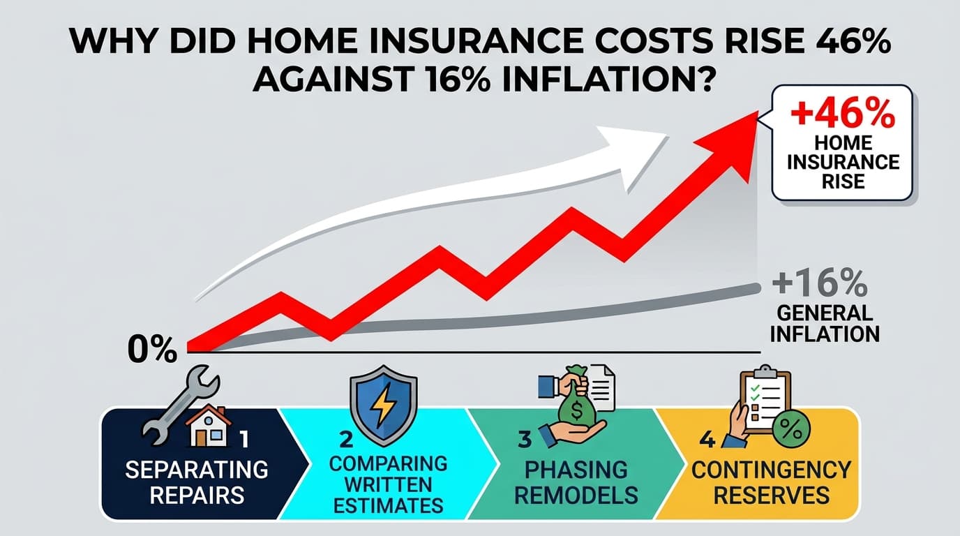 Building supplies at a remodel, shown with the gap between national insurance-rate growth and overall inflation