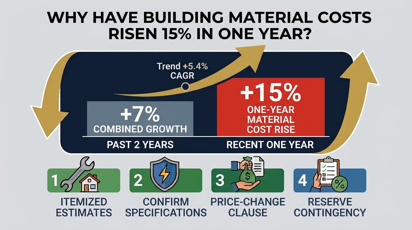 Stacked building materials at a remodel, shown with the reported 15 percent rise in material costs