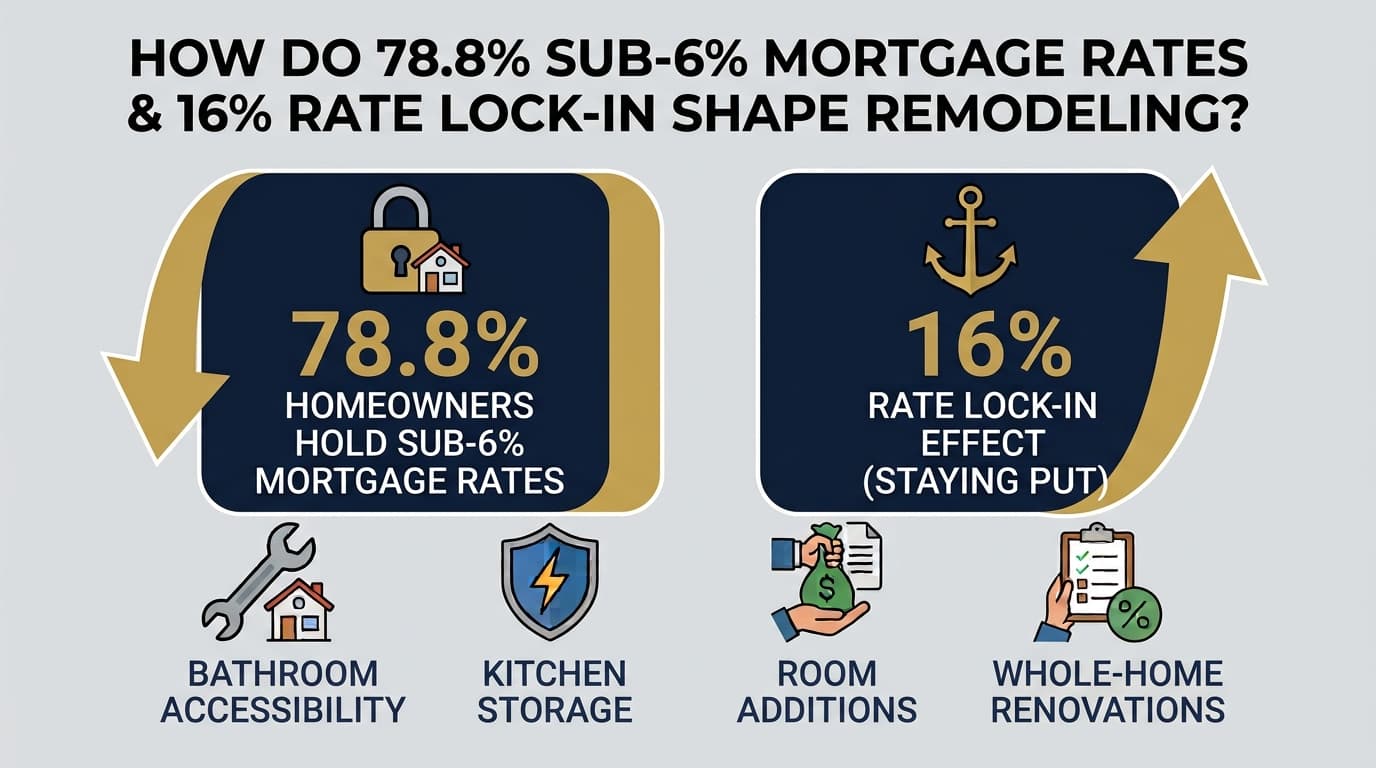 A homeowner reviewing remodel plans, shown with the share of mortgages under 6 percent and the rate lock-in finding