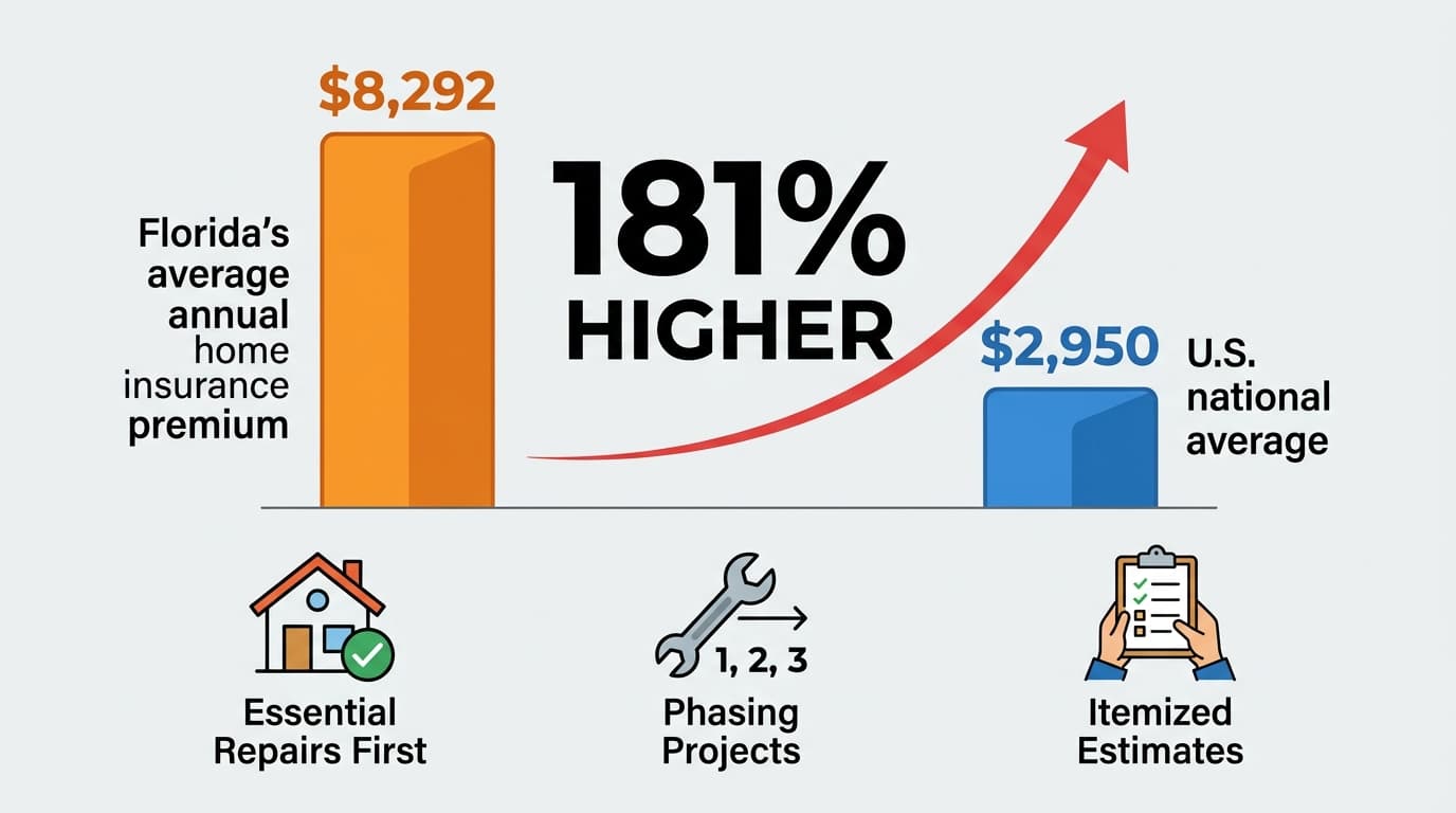 A Central Florida house during repair, shown with the comparison of Florida and national home insurance premiums