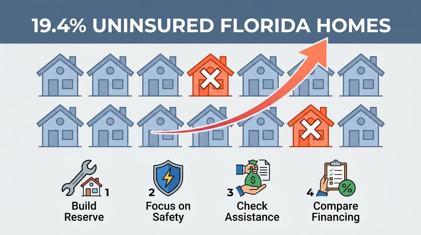 Open framing and materials outside a house, shown with the share of Florida owner-occupied homes without property insurance