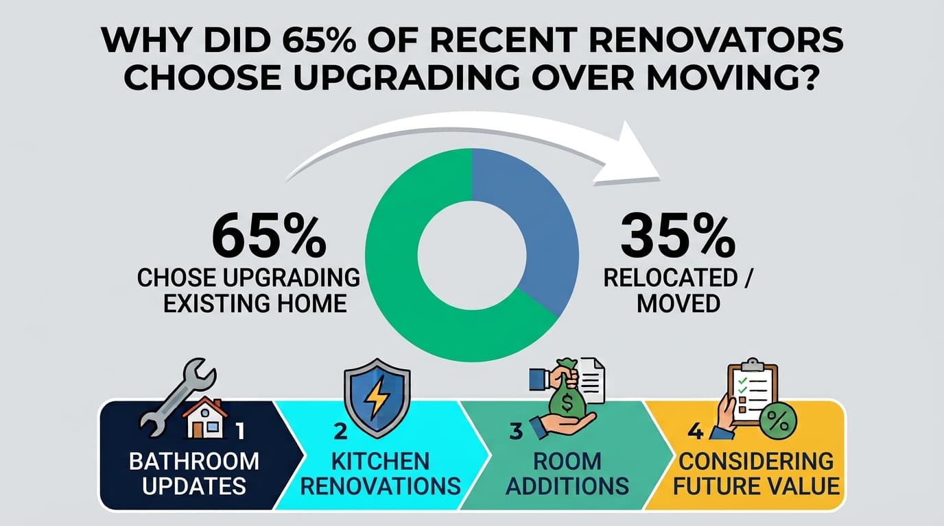 A kitchen and bath remodel in progress, shown with Redfin's finding that most recent renovators upgraded instead of moving