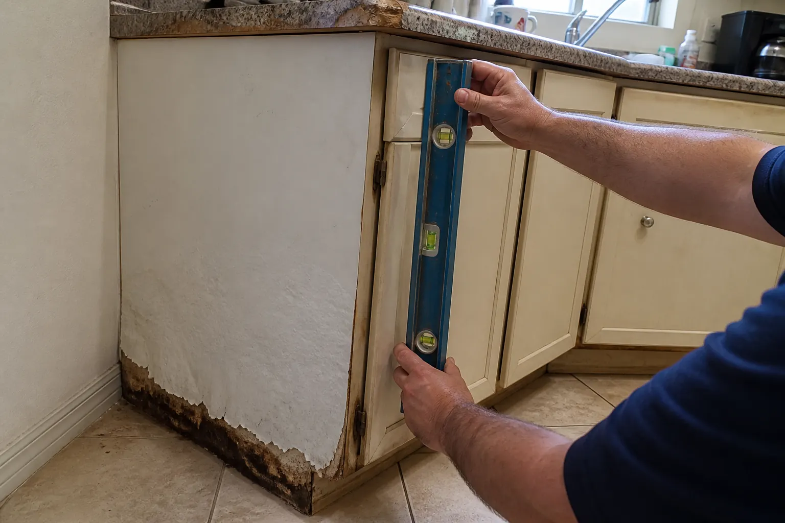 Swollen kitchen cabinet box from humidity before kitchen cabinet replacement in Lakeland FL