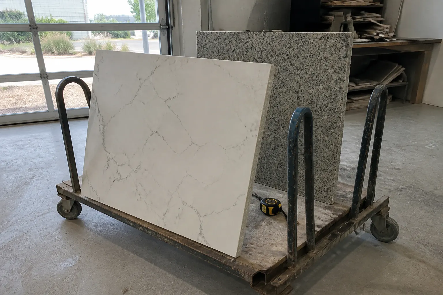 Quartz slab and granite remnant before kitchen countertop installation in Lakeland FL