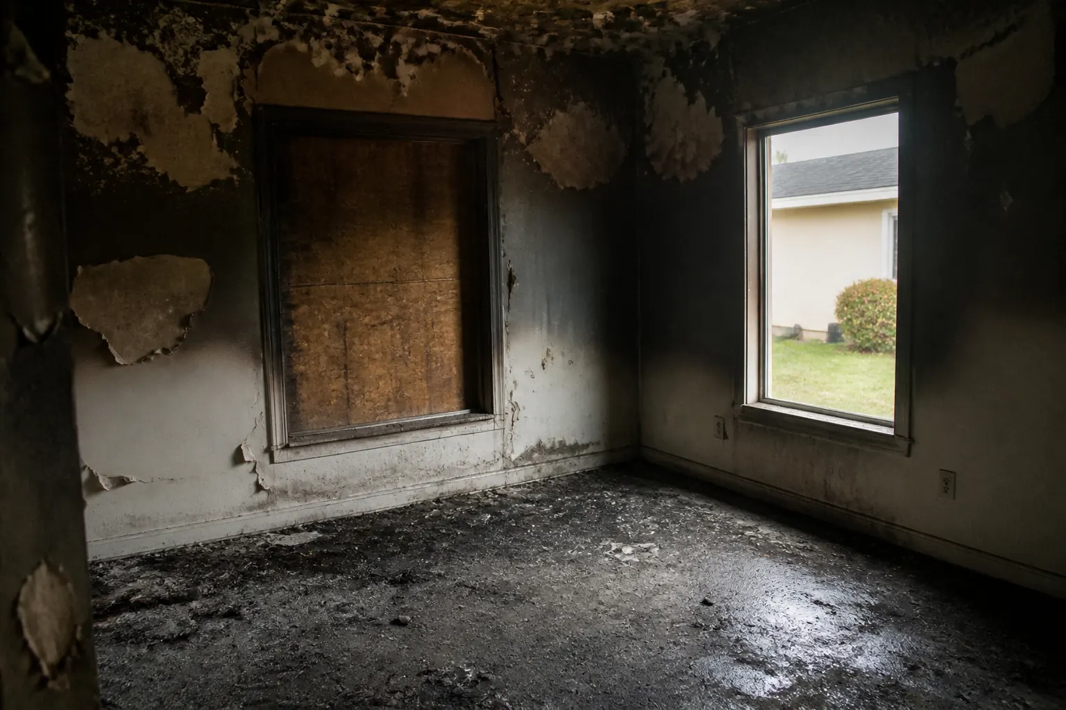 Soot in a living room after a house fire