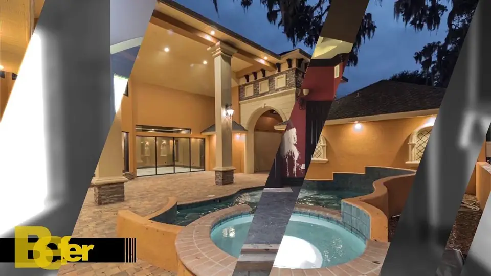 Before and after of a True Builders lake house transformation, showing a covered outdoor living area with columns and sliding glass doors opening onto the pool deck