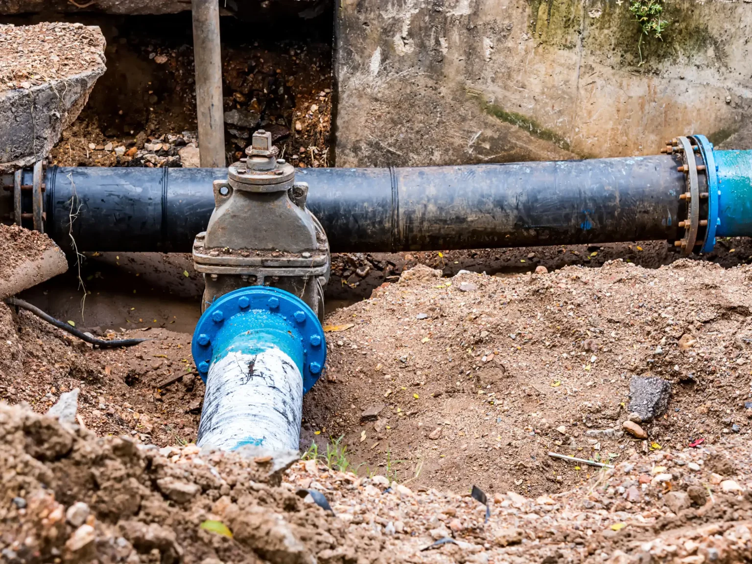 Exposed water line with blue valve during leak repair and water damage mitigation.