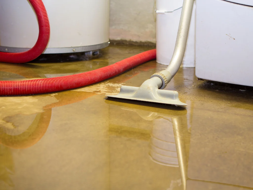 What to do after a water leak, water being extracted from flooded floor with professional equipment